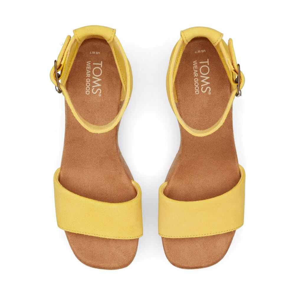 TOMS Laila Cork Platform Sandal in Yellow Suede Ankle Strap 3" Heel Womens Sz. 9 - Picture 4 of 16
